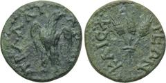 LYDIA. Tralleis. Pseudo-autonomous. Time of Nero to Nerva (54-96). Ae. Obv: KAICAPEΩN. Bunch of 3 grain ears. Rev: TPAΛΛIANΩN. Eagle standing left, head right. BMC 90. Condition: Very fine. Weight: 1.