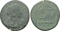 LYDIA. Hypaipa. Plautilla (Augusta, 202-205). Ae. Obv: ΦOYΛB ΠΛAYTIΛΛA CEB. Draped bust right; countermarks: Artemis Anaitis and CAP Δ. Rev: EΠI MENANΔPOY BAC STPA YΠAIΠHNΩN. Female figure seated left
