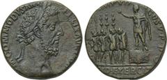 COMMODUS (177-192). Sestertius. Rome. Obv: M COMMODVS ANT P FELIX AVG BRIT. Laureate head right. Rev: P M TR P XII IMP VII COS V P P S - C / FID EXERCIT. Commodus on platform left, soldiers in front. 