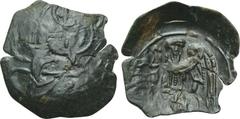 ANDRONICUS II PALAEOLOGUS (1282-1295). Trachy. Thessalonica. Obv: Bust of St. Demetrius facing, holding spear across chest; large B to left. Rev: Emperor, winged, standing left, holding model city and