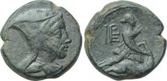 LYDIA. Hierocaesarea. Ae (1st century BC). Obv: Head right, wearing tiara. Rev: Artemis kneeling on stag; monogram behind. Klein 568; SNG Copenhagen 172. Condition: Very fine. Weight: 6.39 g. Diameter