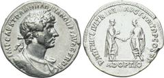 HADRIAN (117-138). Denarius. Rome. Obv: IMP CAES TRAIAN HADRIANO OPT AVG GER DAC. Laureate, draped and cuirassed bust right. Rev: PARTHIC (DIVI TRAIAN) AVG F P M TR P COS P P / ADOPTIO. Trajan and Had