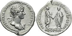 HADRIAN (117-138). Denarius. Rome. Obv: IMP CAES TRAIAN HADRIANO OPT AVG GER DAC. Laureate bust right, slight drapery on far shoulder. Rev: PARTHIC DIVI TRAIAN AVG F P M TR P COS P P / ADOPTIO. Trajan