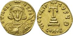 TIBERIUS III APSIMAR (698-705). GOLD Solidus. Constantinople. Obv: D TIbERIVS PE AV. Crowned and cuirassed bust facing, holding spear and shield decorated with horseman motif. Rev: VICTORIA AVGY θ / C