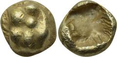 KINGS of LYDIA. Alyattes (Circa 610-560 BC). EL 1/24 Stater. Sardes. Obv: Lion's paw. Rev: Incuse square punch. SNG Kayhan 1016. Condition: Very fine. Weight: 0.60 g. Diameter: 7 mm.