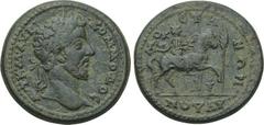 LYDIA. Mostene. Commodus (177-192). Ae. Obv: AVT K M AVP KOMMOΔOC. Laureate head right. Rev: MOCTHNΩN / ΛVΔΩN. Radiate Apollo-Mên on horseback right, holding double-axe over shoulder; below foreleg, l