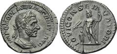 MACRINUS (217-218). Denarius. Rome. Obv: IMP C M OPEL SEV MACRINVS AVG. Laureate and cuirassed bust right. Rev: IOVI CONSERVATORI. Jupiter standing left, holding thunderbolt and sceptre; small figure 
