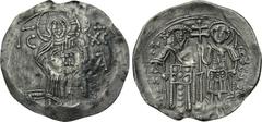 THEODORE II DUCAS-LASCARIS (1254-1258). Electrum Trachy. Magnesia. Obv: Christ standing facing, holding Gospels; barred IC XC across upper field, A (date) to right. Rev: Emperor and military saint sta