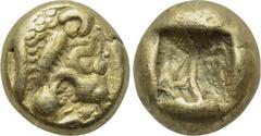 KINGS OF LYDIA. Time of Alyattes-Kroisos (Circa 610-546 BC). EL Hemihekte. Sardes. Obv: Head of roaring lion right, star on forehead. Rev: Incuse square punch. Weidauer 90; Rosen 654; SNG Kayhan 1015.