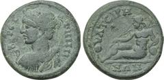 LYDIA. Thyateira. Pseudo-autonomous (2nd-3rd century AD). Ae. Obv: BOPEITHNH. Draped bust of Artemis Boreitene left, quiver over shoulder. Rev: ΘYATEIPHNΩN. River god Lykos reclining left, holding ree