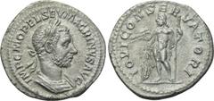 MACRINUS (217-218). Denarius. Rome. Obv: IMP C M OPEL SEV MACRINVS AVG. Laureate and cuirassed bust right. Rev: IOVI CONSERVATORI. Jupiter standing left, holding thunderbolt and sceptre; at feet to le