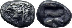 IONIA. Kolophon. Obol (Circa 530-500 BC). Obv: Archaic head of Apollo left. Rev: Incuse square punch. Cf. SNG Kayhan 342 (hemiobol); SNG Copenhagen -; cf. SNG von Aulock 1808 (hemiobol); Isegrim -; CN