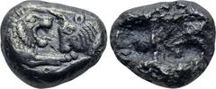 KINGS OF LYDIA. Kroisos (Circa 560-546 BC). 1/3 Siglos. Sardes. Obv: Confronted foreparts of lion and bull. Rev: Double incuse square punch. Rosen 666. Condition: Very fine. Weight: 2.93 g. Diameter: 