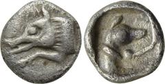 DYNASTS OF LYCIA. Uncertain dynast. Hemiobol (Circa 480-430 BC). Obv: Forepart of boar left. Rev: Leashed head and neck of hound right. Traité II 184 var. (types to opposite direction); Peus 360, lot 
