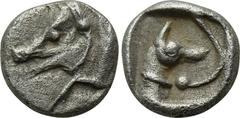 DYNASTS OF LYCIA. Uncertain dynast. Hemiobol (Circa 480-430 BC). Obv: Forepart of boar left. Rev: Leashed head and neck of hound right. Traité II 184 var. (types to opposite direction); Peus 360, lot 