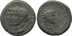 LYDIA. Tripolis. Tiberius (14-37). Ae. Menandros Metrodoros Philokaisar, magistrate. Obv: [...]ΣΕΒΑΣΤOΝ ΚΑΙΣΑΡΑ[...]. Laureate head of Tiberius and draped bust of Livia jugate left. Rev: ΜΕΝΑΝΔΡΟΣ ΜΗΤ