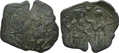 MICHAEL VIII PALAEOLOGOS (1261-1282). Trachy. Constantinople. Obv: St. Demetrius standing facing, holding spear and shield set on ground; two stars flanking. Rev: Emperor standing facing to left, hold