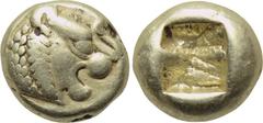 KINGS OF LYDIA. Time of Alyattes-Kroisos (Circa 610-546 BC). EL Hemihekte. Sardes. Obv: Head of roaring lion right; star on forehead. Rev: Incuse square punch. Weidauer 90; Rosen 654; SNG Kayhan 1015.