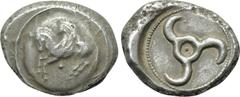 DYNASTS OF LYCIA. Uncertain dynast. Stater (Circa 480-430 BC). Obv: Pegasos flying left; pellet below; all on round shield. Rev: Triskeles within circular incuse. Falghera 73 var. (No pellet; square i