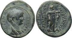 LYDIA. Blaundus. Nero (54-68). Ae. Tiberius Claudius Kalligenes, magistrate. Obv: NEPΩN KAIΣAP. Draped bust right. Rev: TI KΛΑΥ ΚΑΛΓΗΝΕΣ / ΒΑΛVΝΔΕΩΝ. Apollo standing right with lyre and plectrum. RPC 