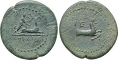 LYDIA. Hierocaesaraea. Pseudo-autonomous. Time of Nero (54-68). Ae. Obv: IЄPOCAI. Artemis kneeling on back of stag right and grasping it on its antlers. Rev: IE. Forepart of stag right. Cf. RPC I 2391