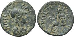 LYDIA. Sala. Pseudo-autonomous. Time of Hadrian-Antoninus Pius (128-161). Ae. Gaius Valerius Andronicus, magistrate. Obv: CAΛHNΩN. Helmeted head of Athena right, wearing aegis. Rev: EΠI Γ OYAΛ ANΔΡONE