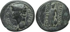 LYDIA. Sardes. Germanicus (Died 19). Ae. Mnaseas, magistrate. Obv: ΓEPMANIKΟΣ ΚΑΙΣΑΡ. Bare head left. Rev: ΣΑΡΔΙΑΝΩΝ MNAΣEAΣ. Athena standing left, holding phiale, spear and shield. RPC I 2993. Condit