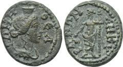 PHRYGIA. Ankyra. Pseudo-autonomous. Time of Septimius Severus-Caracalla (193-211). Ae. Obv: ΘEA PΩMH. Turreted and draped bust of Roma right. Rev: ANKYPANΩN. Dionysos standing left, holding cantharus 