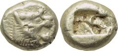 KINGS OF LYDIA. Time of Alyattes-Kroisos (Circa 610-546 BC). EL Trite. Obv: Head of roaring lion right; star on forehead. Rev: Two incuse square punches. Weidauer 89; SNG Kayhan 1013. Condition: Very 