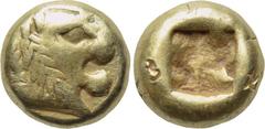 KINGS OF LYDIA. Alyattes (Circa 610-560 BC). EL 1/12 Stater. Sardes. Obv: Head of roaring lion right; star on forehead. Rev: Square incuse punch. SNG Kayhan 1015; Weidauer 79-85. Condition: Very fine,