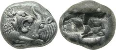 KINGS OF LYDIA. Kroisos (Circa 560-546 BC). 1/3 Siglos. Sardes. Obv: Confronted foreparts of lion and bull. Rev: Double incuse square punch. Rosen 666. Condition: Very fine. Weight: 3.48 g. Diameter: 