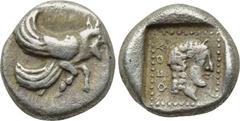 DYNASTS OF LYCIA. Uvug (Circa 470-440 BC). Obol. Uncertain. Obv: Forepart of winged, man-headed bull advancing right. Rev: Head of Aphrodite right within incuse square; Lycian legend behind. Vismara I