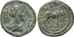 LYDIA. Hierocaesaraea. Pseudo-autonomous. Ae (1st-2nd centuries AD). Obv: Draped bust of Artemis right, holding bow, quiver over shoulder. Rev: IEPOKAICAPEΩN. Zebu standing right. SNG von Aulock 2954;