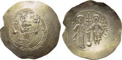 MANUEL I COMNENUS (1143-1180). EL Aspron Trachy. Constantinople. Obv: IC - XC. Christ Pantokrator standing facing on dais; two stars flanking. Rev: MANOVHΛ - O / ΘE/O/Δ/W/P/O/C. Manuel and St. Theodor