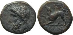 SICILY. Syracuse. Timoleon and the Third Democracy (344-317 BC). Ae Tetras. Obv: AΣKΛHΠIOΣ. Laureate head of Asklepios left. Rev: ΣYPAKOΣIΩN. Hound at bay left; monogram above. SNG ANS -; SNG Morcom 7