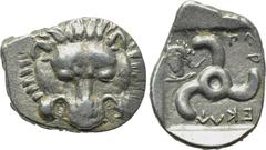 DYNASTS OF LYCIA. Perikles (Circa 380-360 BC). 1/3 Stater. Obv: Facing scalp of lion. Rev: Triskeles; Lycian legend in fields. Control: laureate and draped bust of Apollo facing slightly left. SNG Cop