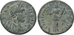 LYDIA. Apollonis. Commodus (180-193). Ae. Moschianos Philippos, magistrate. Obv: AVTOK Λ AV KOMOΔΟC. Laureate, draped and cuirassed bust right. Rev: ΕΠΙ APX MOCXI AΠΟΛΛΟΝIΔΕ / Ω - Ν. Tyche standing le