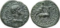 LYDIA. Hierocaesarea. Pseudo-autonomous. Ae (Circa 1st century AD). Obv: ЄΠI KAΠITΩNOC. Draped bust of Artemis Persica right. Rev: IЄPOKAICAPЄΩN. Artemis kneeling on back of stag right and grasping it