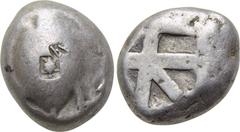 ATTICA. Aegina. Stater (Circa 480-475 BC). Obv: Sea turtle; T shaped pattern of pellets on back; Countermark: turtle within square incuse (Aegina) and two small oval punches with letters. Rev: Large s