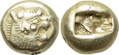 KINGS OF LYDIA. Time of Alyattes-Kroisos (Circa 610-546 BC). EL Trite. Sardes. Obv: Head of roaring lion right; star on forehead. Rev: Two incuse square punches. Weidauer 89; SNG Kayhan 1013. Conditio