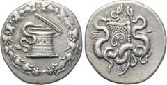 LYDIA. Sardes-Synnada. Cistophor (Circa 166-160). Obv: Cista mystica with serpent; all within ivy wreath. Rev: Bow case between two serpents. Controls: monogram to left, thyrsos to right. Kleiner-Noe,