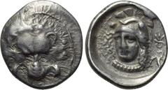 DYNASTS OF LYCIA. Zagaba (Circa 400-380 BC). Third Stater. Obv: Facing scalp of lion. Rev: ZAΓABA ( in Lycian script ). Helmeted head of Athena facing slightly left. Control: Monogram to right. SNG Co