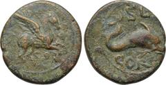 CORINTHIA. Corinth. Pseudo-autonomous. Time of Tiberius (14-37). Semis. Obv: Pegasus flying right. Rev: SE COR. Dolphin swimming right. RPC I 1236; BCD Corinth 517. Condition: Very fine. Weight: 2.79 