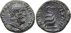 LYDIA. Nakrasa. Pseudo-autonomous. Time of Trajan to Antoninus Pius (98-161). Ae. Obv: EΠΙ CTPA MAP IOVNIANOV. Head of Herakles right. Rev: NAKRACITΩΝ. Omphalos entwined by serpent. SNG Copenhagen 295