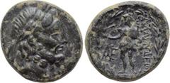 LYDIA. Blaundos. Ae (2nd-1st centuries BC). Obv: Laureate head of Zeus right. Rev: MΛAYNΔEωN. Hermes standing left, holding purse and kerykeion; monogram to left. SNG Copenhagen 67. Condition: Very fi