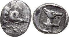 DYNASTS OF LYCIA. Uncertain Dynast (Circa 480/70-430 BC). Hemiobol. Obv: Forepart of boar right. Rev: Forepart of leashed hound right within incuse square. Falghera -; SNG Copenhagen Supp. -; Traité I