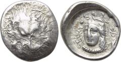 DYNASTS OF LYCIA. Zagaba (Circa 400-380 BC). Third Stater. Obv: Facing lion's scalp. Rev: Helmeted head of Athena facing slightly left, monogram to right; lycian legend around. Vismara -; BMC -; SNG v