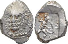 DYNASTS OF LYCIA. Perikles (Circa 380-360 BC). Stater. Obv: Head of Perikles facing slightly left, with drapery around neck; to right, dophin downward. Rev: WEHÑTEZČ PERIKLE ( in Lycian ). Warrior sta