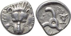 DYNASTS OF LYCIA. Perikles (Circa 380-360 BC). 1/3 Stater. Obv: Facing lion’s scalp. Rev: Triskeles; facing head of Hermes in upper right field, wearing winged petasos. BMC 155 var. (head right). Cond