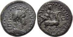 LYDIA. Hierocaesarea. Pseudo-autonomous. Time of Nero (54-68). Ae. Capito, high priest. Obv: ЄΠI KAΠITΩNOC. Draped bust of Artemis Persica right. Rev: IЄPOKAICAPЄΩN. Artemis kneeling on back of stag r